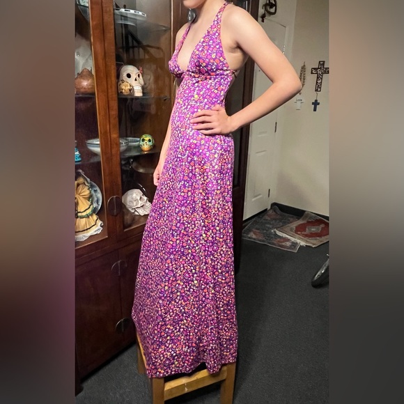 Vtg 70s Disco Hippie Maxi Dress Halter Low back Pink floral psychedelic - Picture 9 of 10